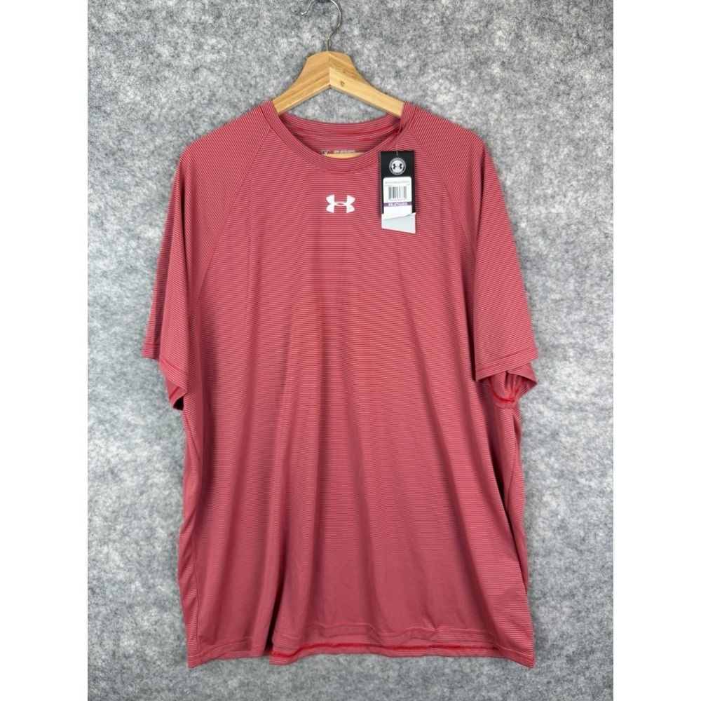 Under Armour Tshirt Men's 2XL Red Shortsleeve Striped Logo Training Gym Heatgear